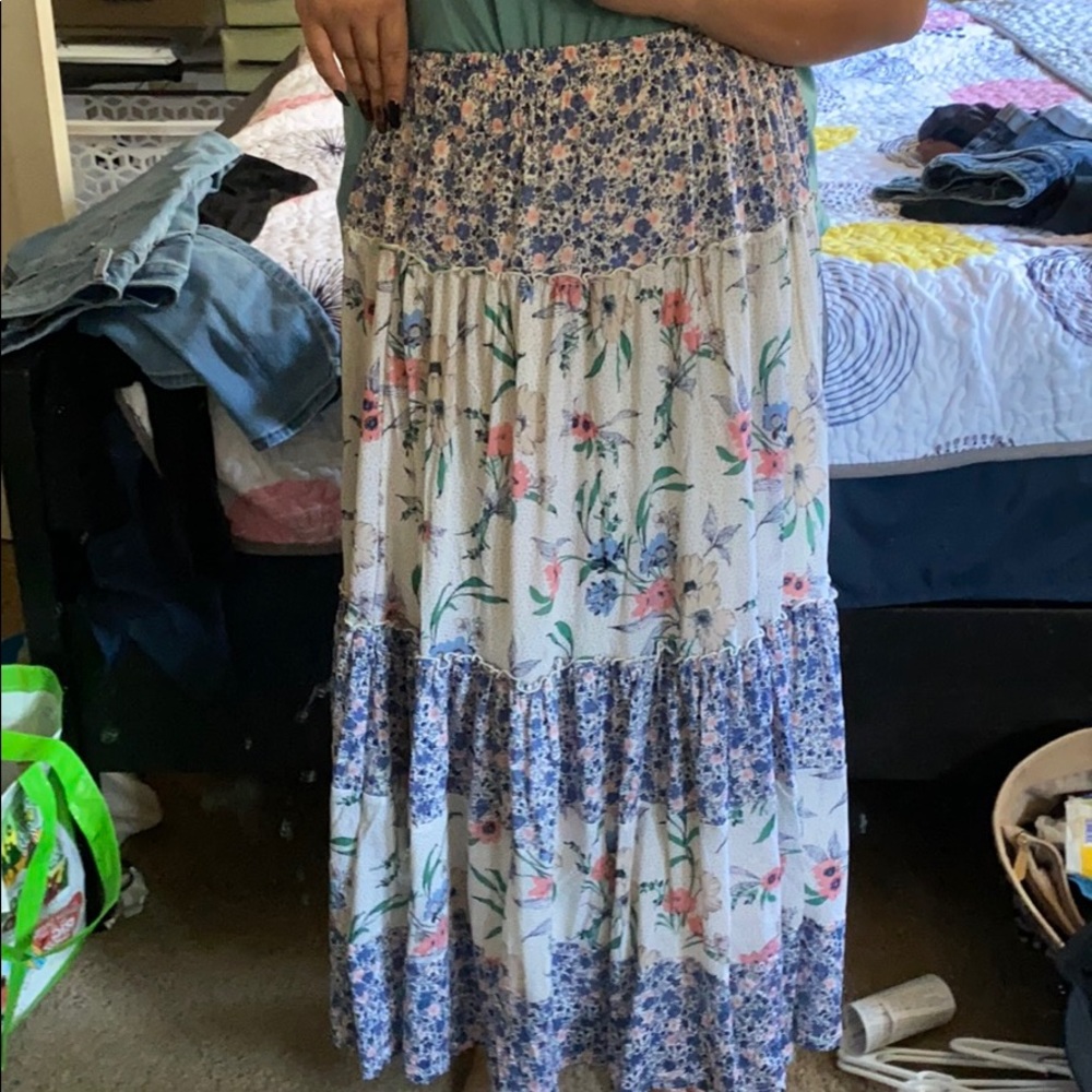 Blue, tan and pink long skirt